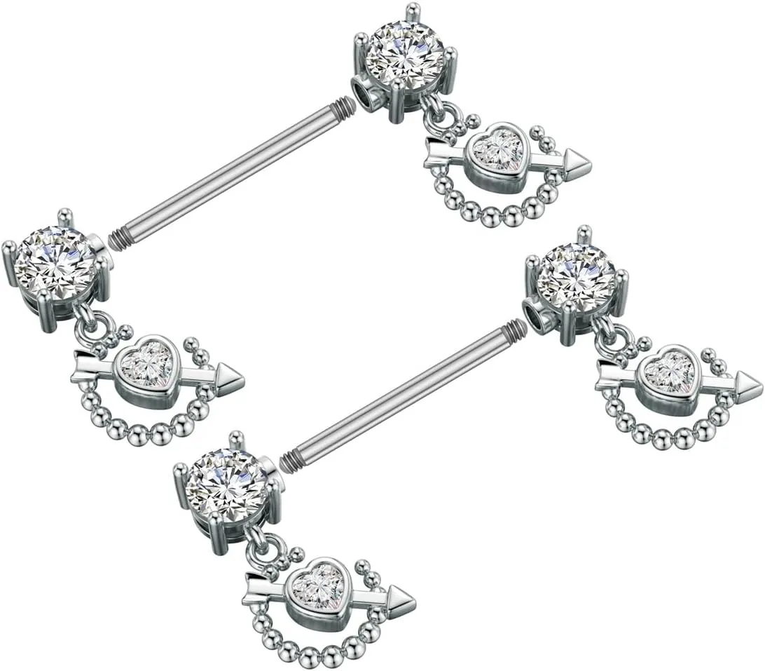 Kokoma Dangle Drop Charm Nipple Rings for Women CZ Crystal Star Cross Butterfly Dangling Nipplerings Straight Tongue Rings Eye Barbell Piercing 14G Body Piercing Jewelry