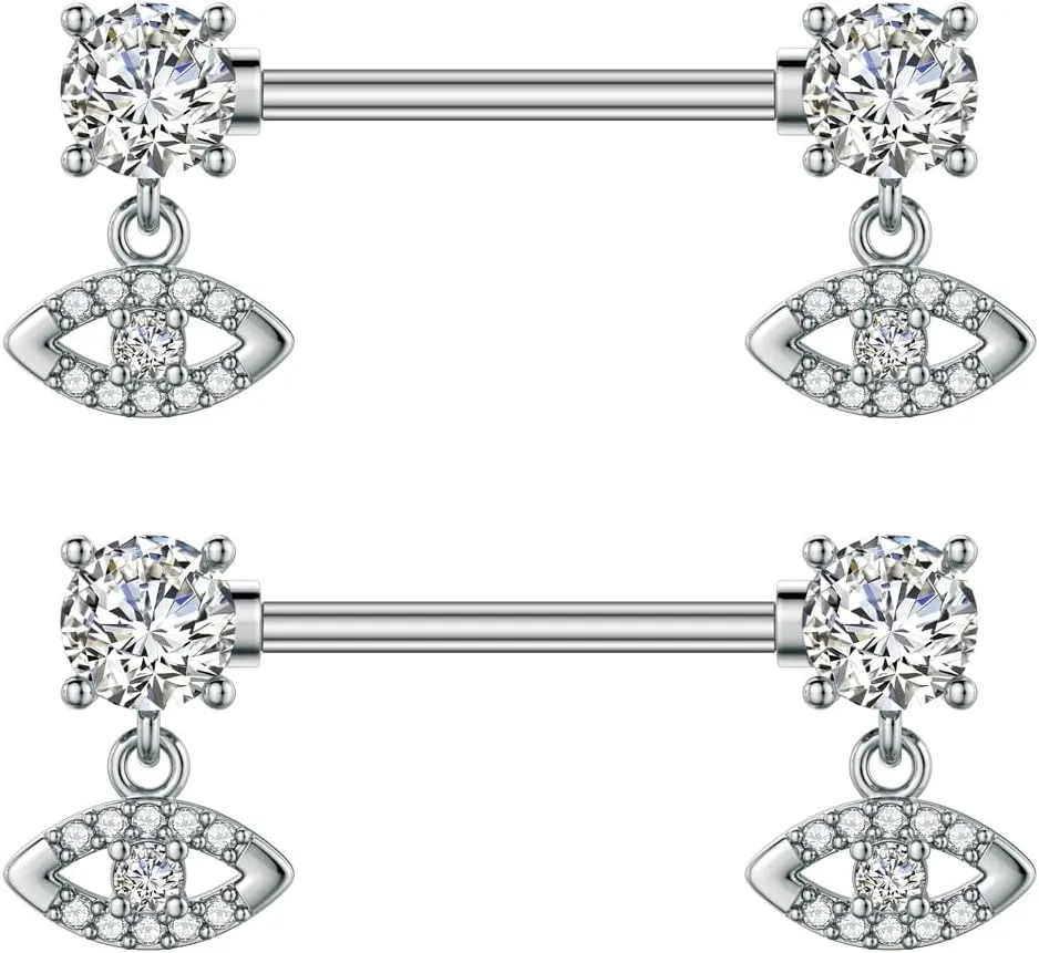 Kokoma Dangle Drop Charm Nipple Rings for Women CZ Crystal Star Cross Butterfly Dangling Nipplerings Straight Tongue Rings Eye Barbell Piercing 14G Body Piercing Jewelry