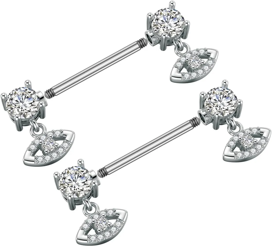 Kokoma Dangle Drop Charm Nipple Rings for Women CZ Crystal Star Cross Butterfly Dangling Nipplerings Straight Tongue Rings Eye Barbell Piercing 14G Body Piercing Jewelry