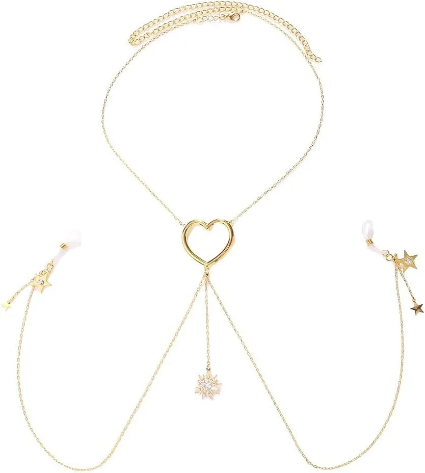 Kokoma Star Dangle Non Piercing Nipple Rings Body Chain for Women Cubic Zirconia Flower Pendant Heart Choker Necklace Fake Nipple Rings Bikini Bra Body Jewelry for Clothing Accessories