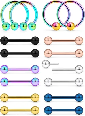 Kridzisw 14G Push in Threadless Tongue Nipple Piercing Jewelry Surgical Steel Tongue Barbell Bar Piercing Body Jewelry for Women 14m 16mm 8 Pairs