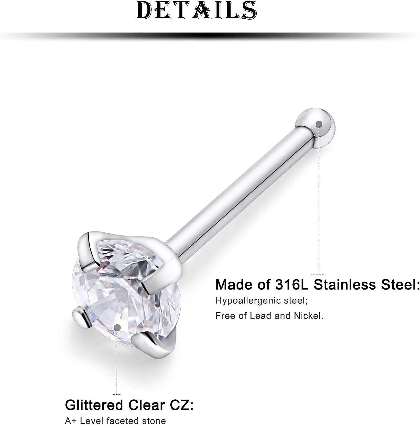 Kridzisw 18 Pcs 18G 20G 22G Nose Rings Studs Surgical Steel Nose Nostril CZ Inlaid 2MM Piercing Jewelry for Women Men