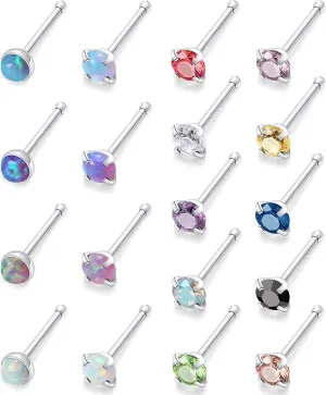 Kridzisw 18 Pcs 18G 20G 22G Nose Rings Studs Surgical Steel Nose Nostril CZ Inlaid 2MM Piercing Jewelry for Women Men