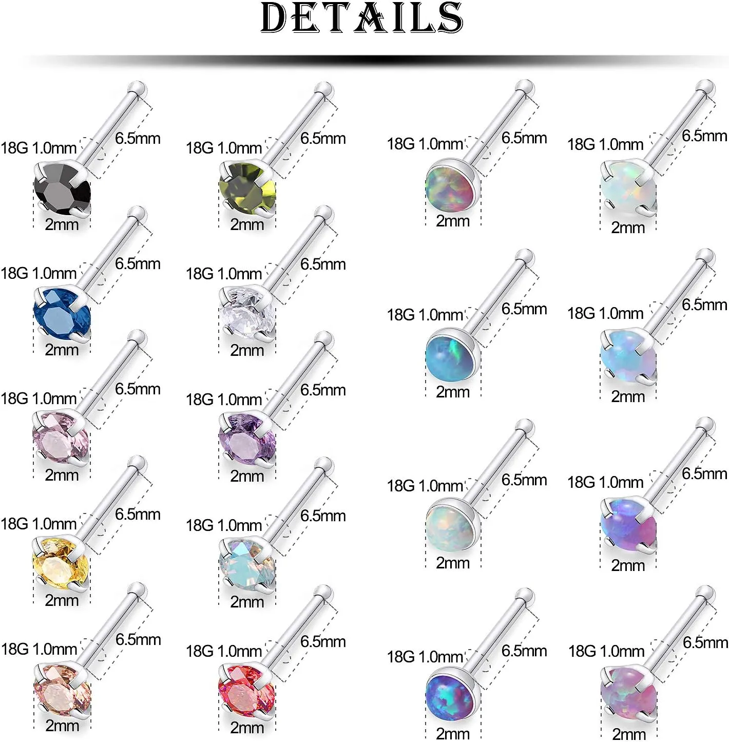 Kridzisw 18 Pcs 18G 20G 22G Nose Rings Studs Surgical Steel Nose Nostril CZ Inlaid 2MM Piercing Jewelry for Women Men