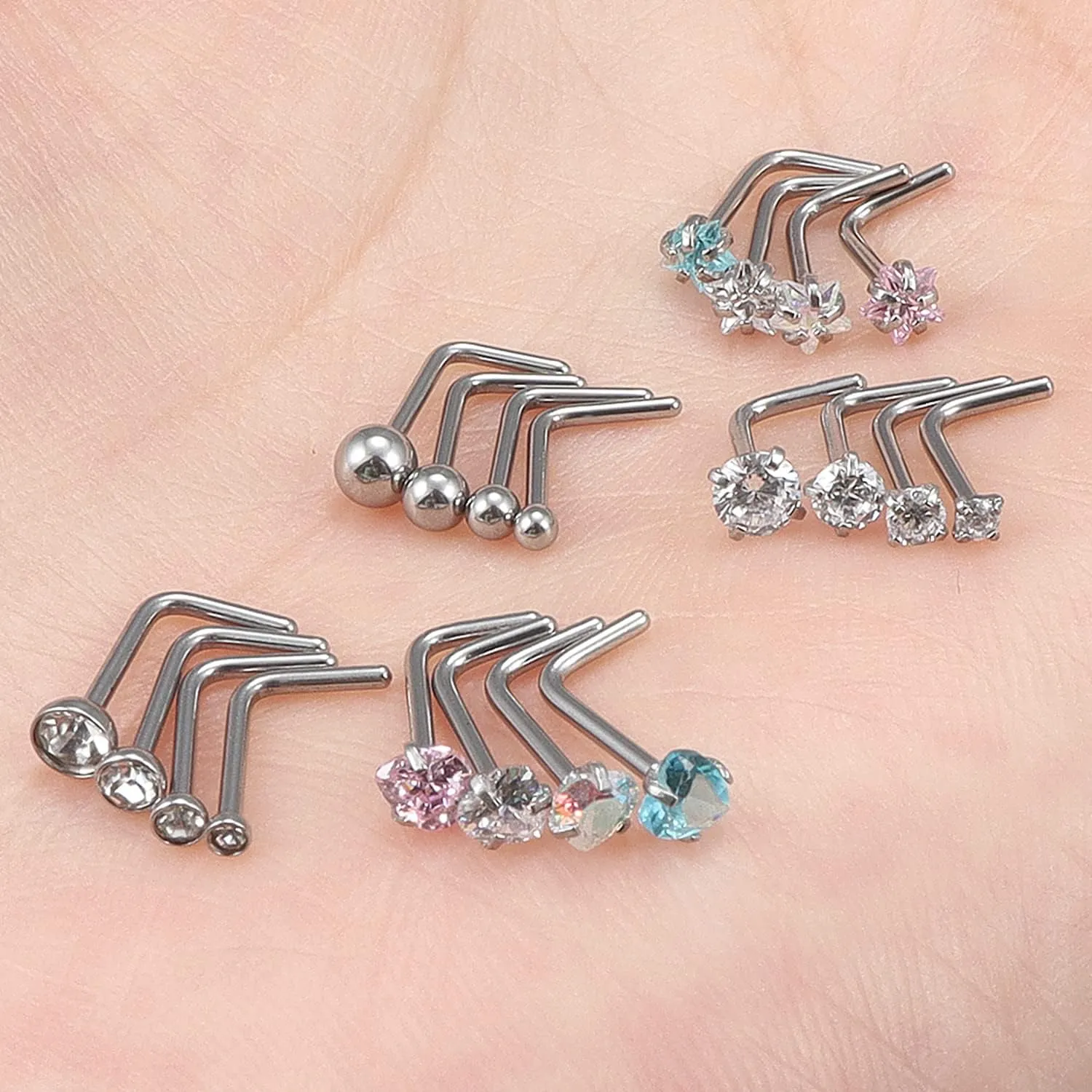 Kridzisw 18G 20G Heart Star CZ Nose Rings Studs Hypoallergenic 316L Surgical Steel L Shaped Silver Stud Nose Rings Cute Nose Piercing Jewelry for Women Men Diamond 1.5mm 2mm 2.5mm 3mm