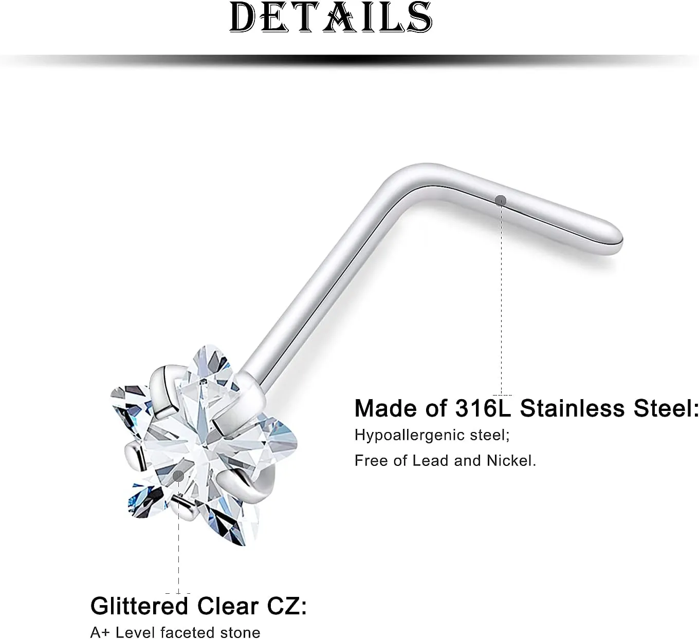 Kridzisw 18G 20G Heart Star CZ Nose Rings Studs Hypoallergenic 316L Surgical Steel L Shaped Silver Stud Nose Rings Cute Nose Piercing Jewelry for Women Men Diamond 1.5mm 2mm 2.5mm 3mm
