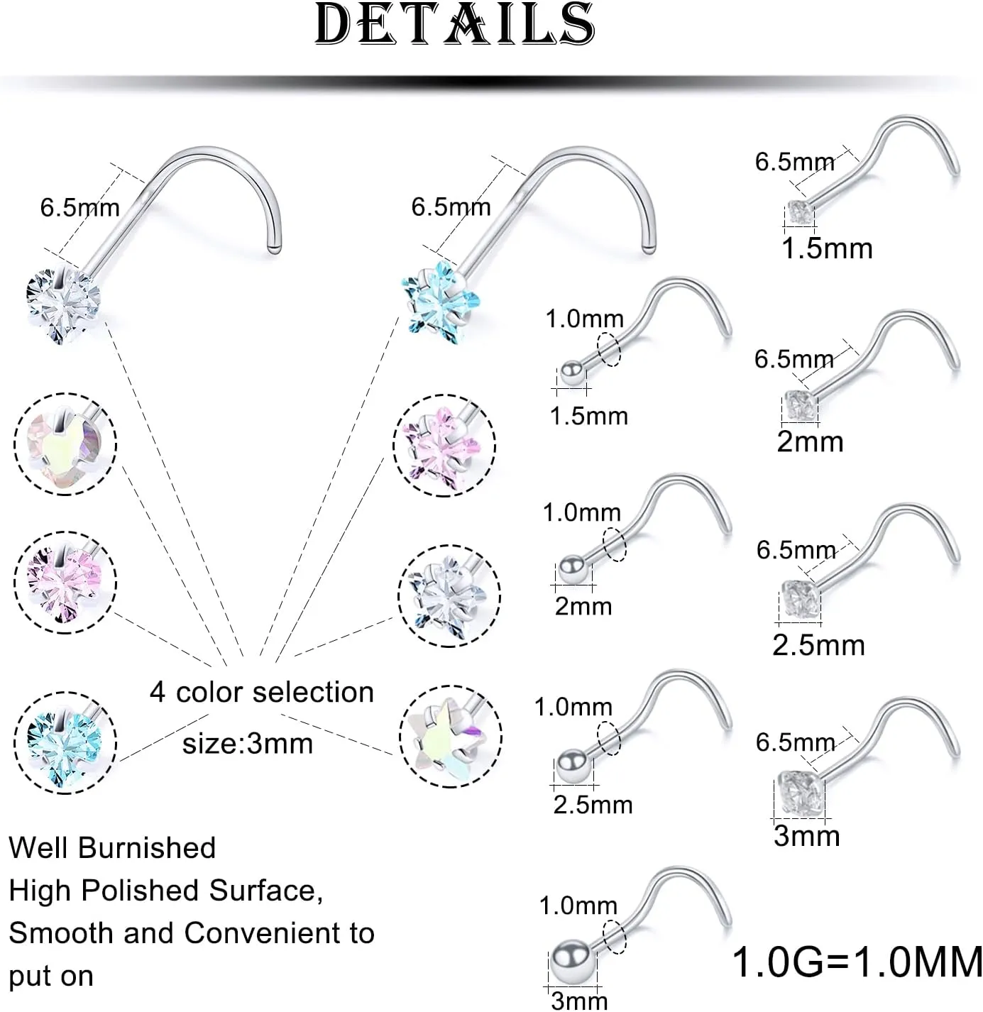Kridzisw 18G 20G Heart Star CZ Nose Rings Studs Hypoallergenic 316L Surgical Steel L Shaped Silver Stud Nose Rings Cute Nose Piercing Jewelry for Women Men Diamond 1.5mm 2mm 2.5mm 3mm