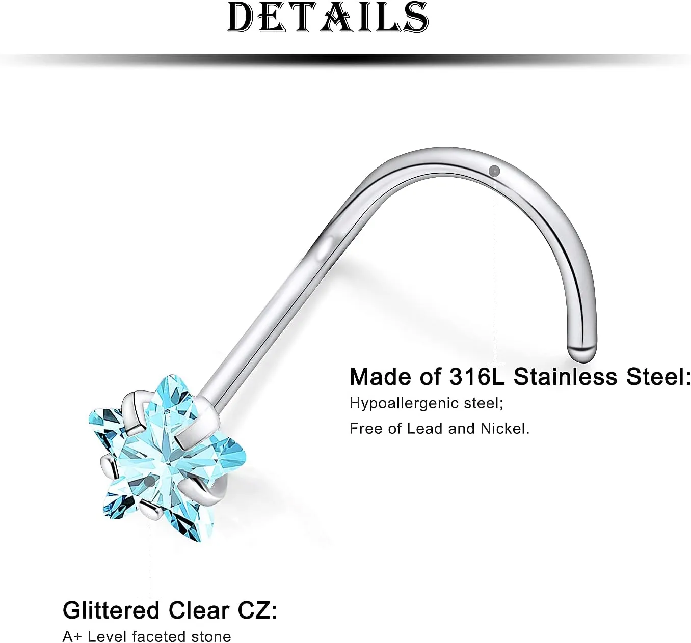 Kridzisw 18G 20G Heart Star CZ Nose Rings Studs Hypoallergenic 316L Surgical Steel L Shaped Silver Stud Nose Rings Cute Nose Piercing Jewelry for Women Men Diamond 1.5mm 2mm 2.5mm 3mm