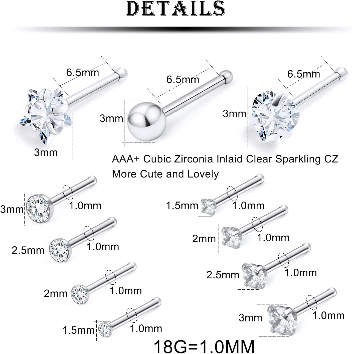 Kridzisw 18G 20G Heart Star CZ Nose Rings Studs Hypoallergenic 316L Surgical Steel L Shaped Silver Stud Nose Rings Cute Nose Piercing Jewelry for Women Men Diamond 1.5mm 2mm 2.5mm 3mm