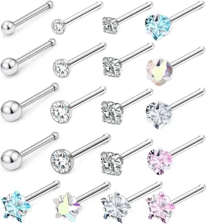 Kridzisw 18G 20G Heart Star CZ Nose Rings Studs Hypoallergenic 316L Surgical Steel L Shaped Silver Stud Nose Rings Cute Nose Piercing Jewelry for Women Men Diamond 1.5mm 2mm 2.5mm 3mm