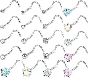 Kridzisw 18G 20G Heart Star CZ Nose Rings Studs Hypoallergenic 316L Surgical Steel L Shaped Silver Stud Nose Rings Cute Nose Piercing Jewelry for Women Men Diamond 1.5mm 2mm 2.5mm 3mm