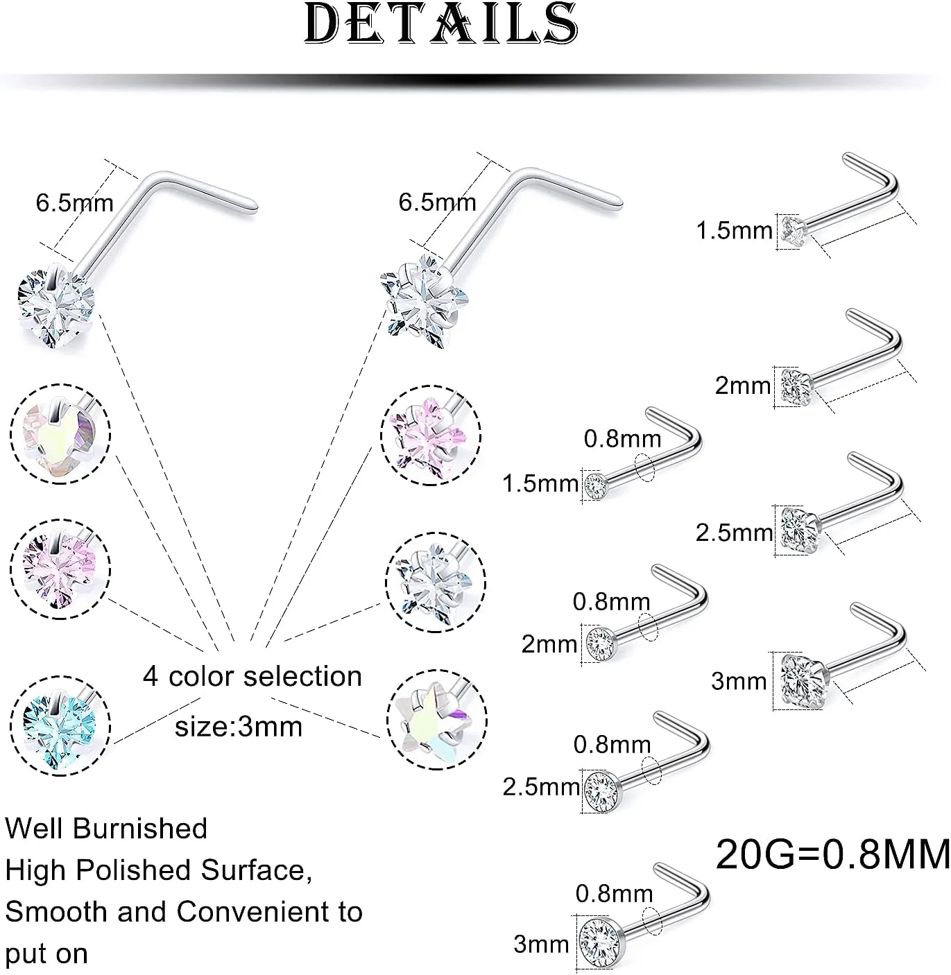 Kridzisw 18G 20G Heart Star CZ Nose Rings Studs Hypoallergenic 316L Surgical Steel L Shaped Silver Stud Nose Rings Cute Nose Piercing Jewelry for Women Men Diamond 1.5mm 2mm 2.5mm 3mm