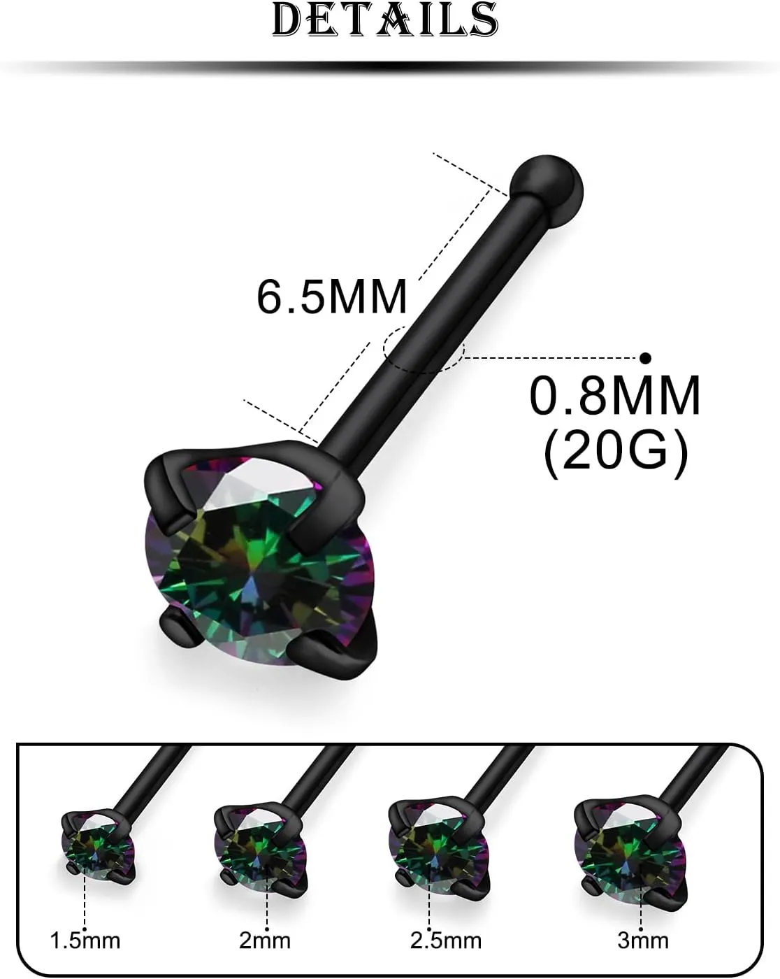 Kridzisw 18G 20G Nose Rings Studs Stainless Steel Cubic Zirconia Nose Nostril Piercing Jewelry for Women Men CZ Size 1.5mm 2mm 2.5mm 3mm