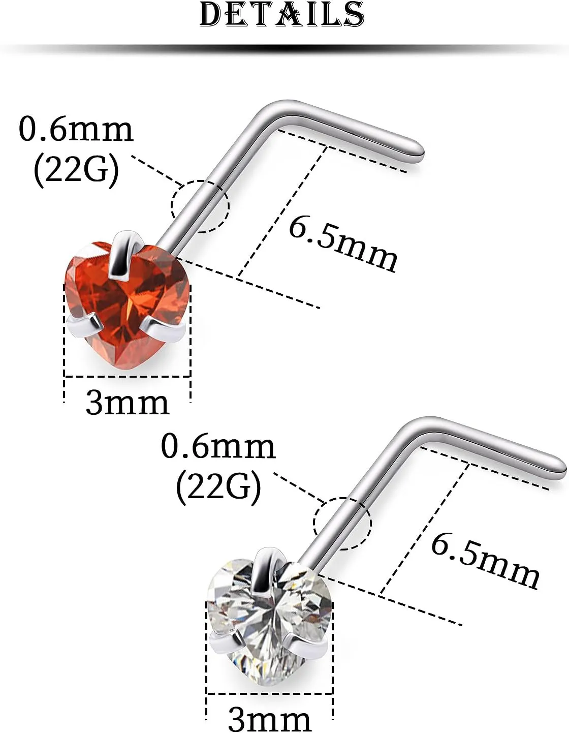 Kridzisw 22G 20G 18G Titanium Heart CZ Nose Rings Studs F316 Hypoallergenic Implant Grade Surgical Steel Diamond Nose Studs L Shaped Nose Piercing Jewelry for Women Sensitive Skin