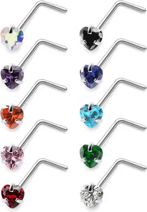 Kridzisw 22G 20G 18G Titanium Heart CZ Nose Rings Studs F316 Hypoallergenic Implant Grade Surgical Steel Diamond Nose Studs L Shaped Nose Piercing Jewelry for Women Sensitive Skin