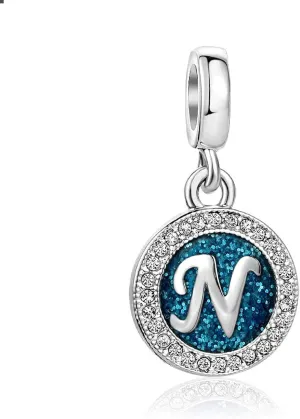 KunBead Initials A-Z Letter Spakling Blue Alphabet Dangle Birthday Charm Compatible with Pandora Bracelet for Mom Daughter Sister Auntie Grandma Friend Granddaughter