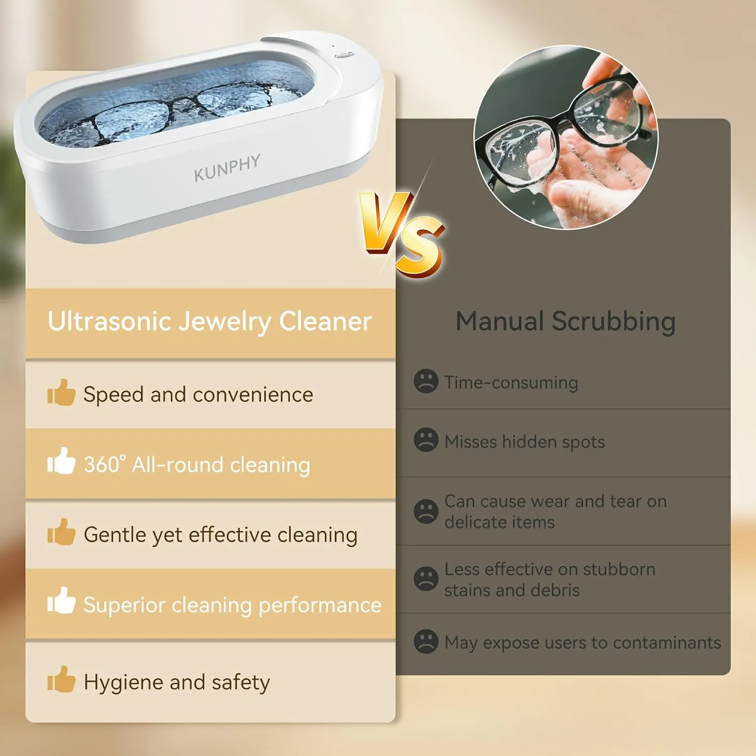 KUNPHY Jewelry Cleaner, 46KHZ, 12OZ Capacity, Ultrasonic Jewelry Cleaner with 50ml Solution, One-Touch Operation, Professional Ultrasonic Cleaner Idea for Silver, Gold Jewelry, Glasses, Rings, Diamond