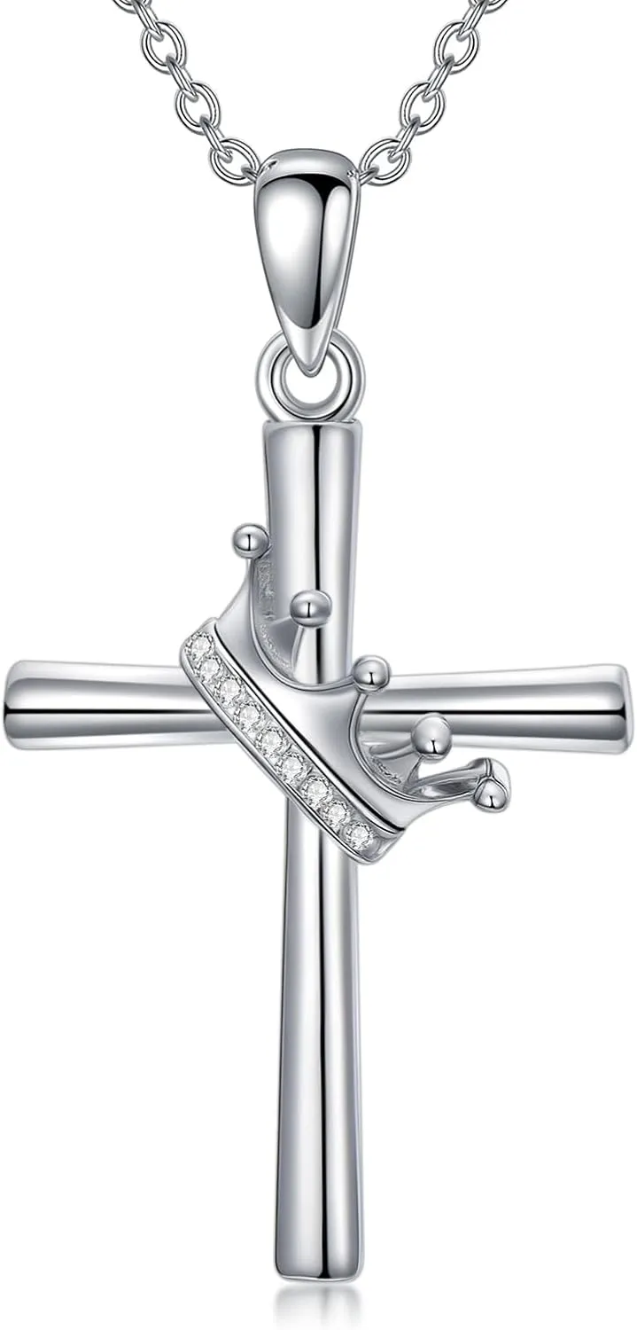 Lab Diamond Crown Cross Necklace for Women 925 Sterling Sliver Cross Pendant Necklaces Anniversary Mothers Day Jewelry Gifts