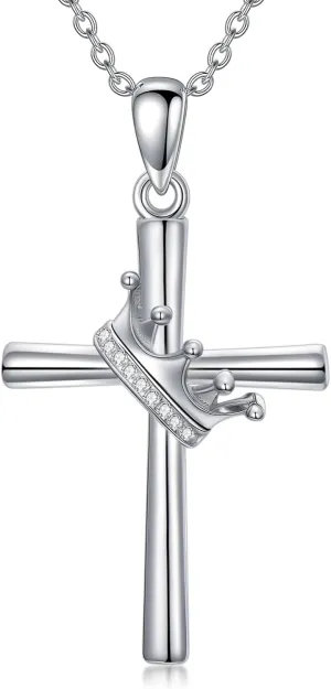 Lab Diamond Crown Cross Necklace for Women 925 Sterling Sliver Cross Pendant Necklaces Anniversary Mothers Day Jewelry Gifts