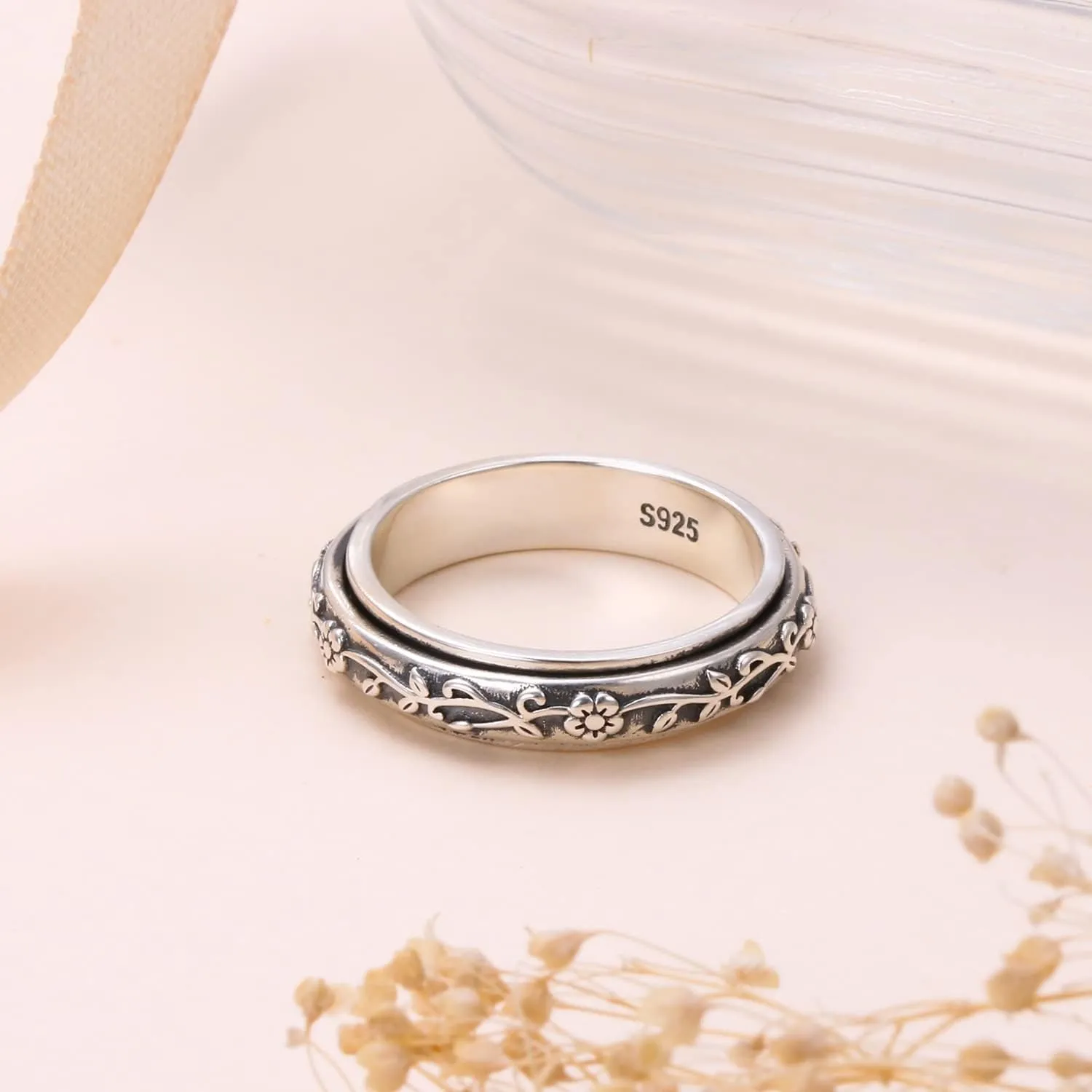 Ladytree Anxiety Relieve Rings 925 Sterling Silver Spinner Fidget Ring Worry Stress Relieving Boredom ADHD Autism Ring Platinum Plated Jewelry Birthday Gifts for Women Men