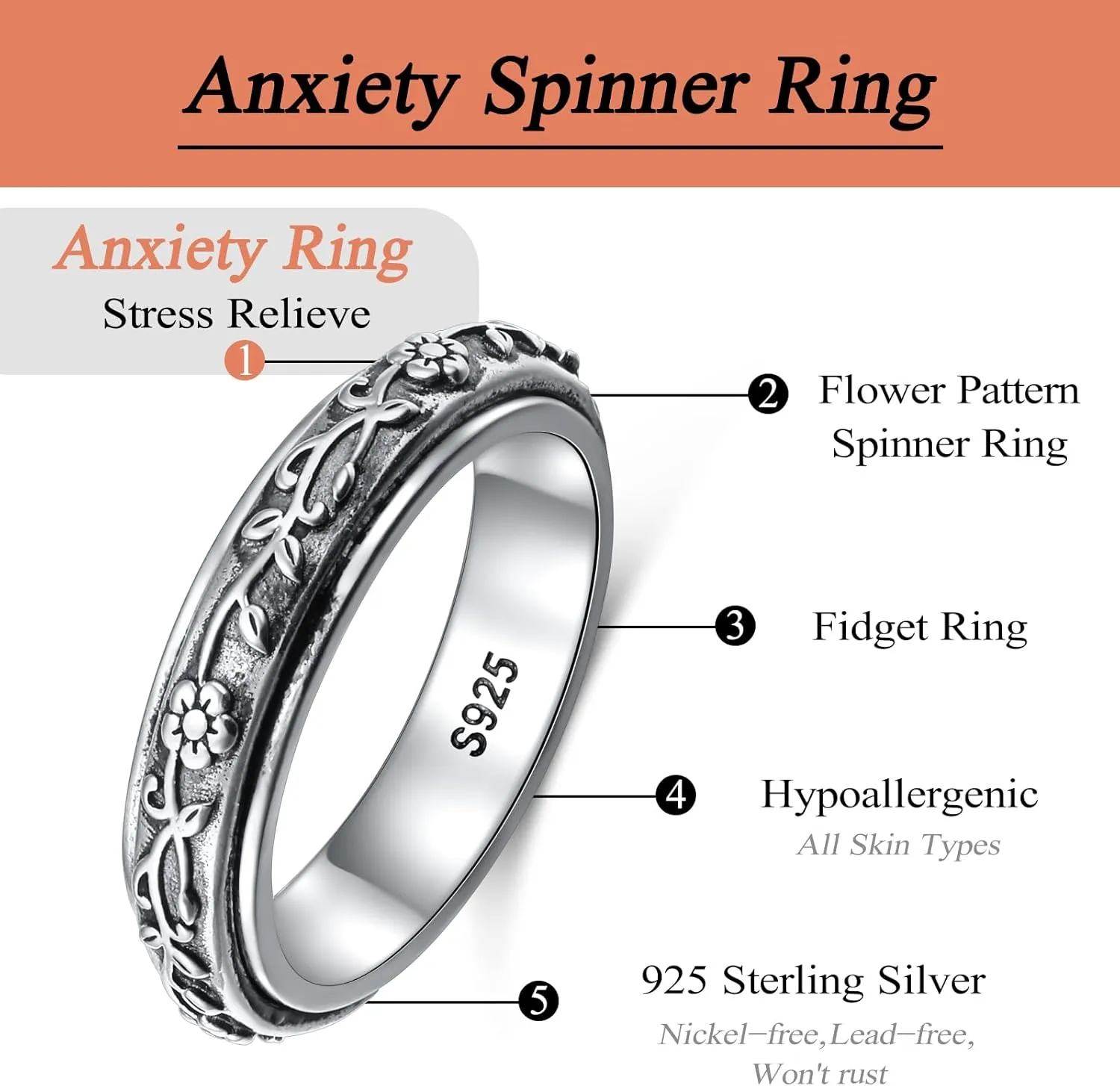 Ladytree Anxiety Relieve Rings 925 Sterling Silver Spinner Fidget Ring Worry Stress Relieving Boredom ADHD Autism Ring Platinum Plated Jewelry Birthday Gifts for Women Men