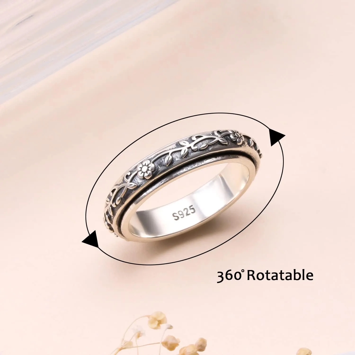 Ladytree Anxiety Relieve Rings 925 Sterling Silver Spinner Fidget Ring Worry Stress Relieving Boredom ADHD Autism Ring Platinum Plated Jewelry Birthday Gifts for Women Men