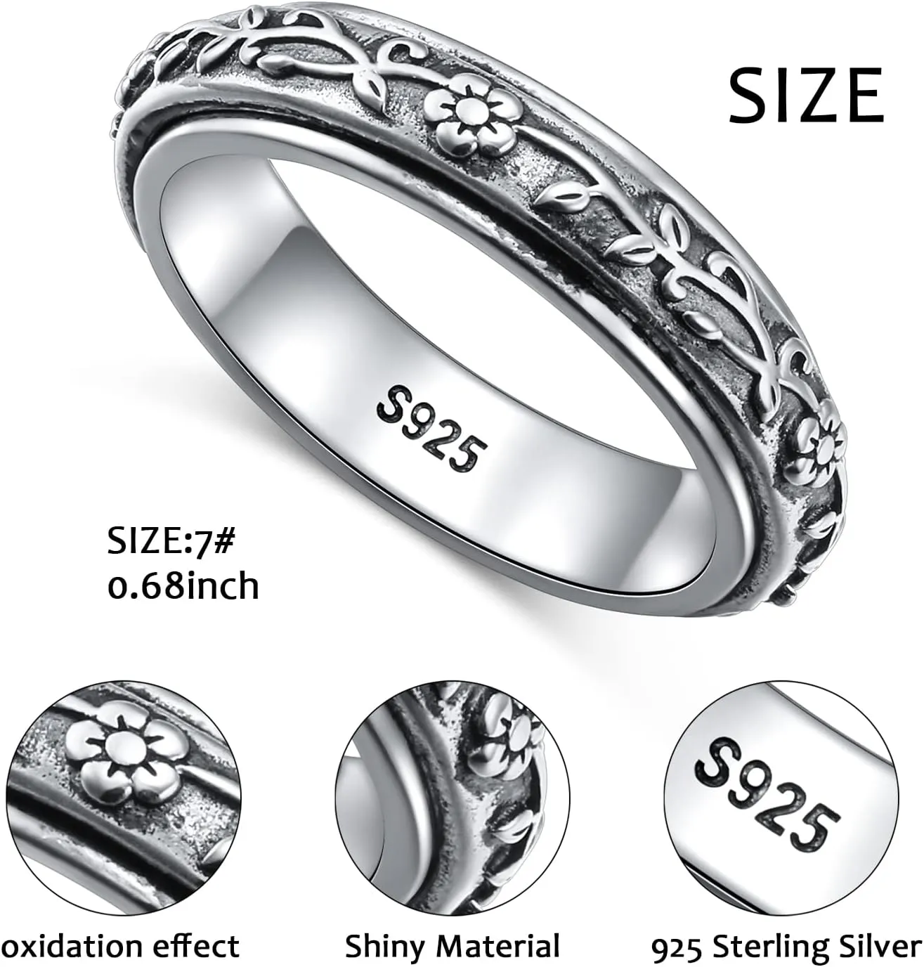 Ladytree Anxiety Relieve Rings 925 Sterling Silver Spinner Fidget Ring Worry Stress Relieving Boredom ADHD Autism Ring Platinum Plated Jewelry Birthday Gifts for Women Men