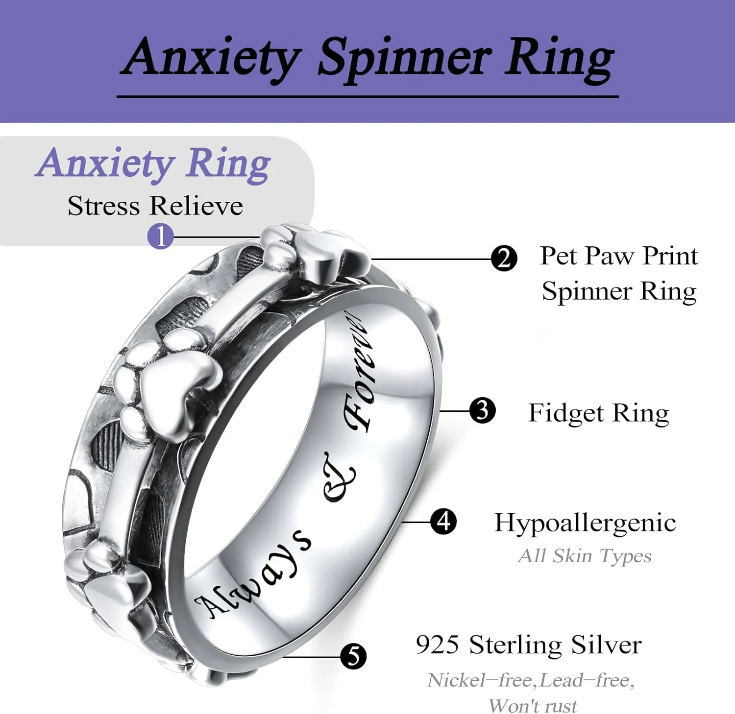 Ladytree Anxiety Relieve Rings 925 Sterling Silver Spinner Fidget Ring Worry Stress Relieving Boredom ADHD Autism Ring Platinum Plated Jewelry Birthday Gifts for Women Men