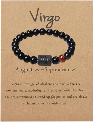 LAKIYOYO Zodiac Bracelet for Men Women Adjustable Natural Black Onyx Stone Bracelet 8mm 10mm Star Sign Constellation Horoscope Bracelet Gifts