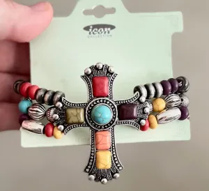 Large Cross Turquoise Stone Western Chunky Beaded Bracelet Multicolor