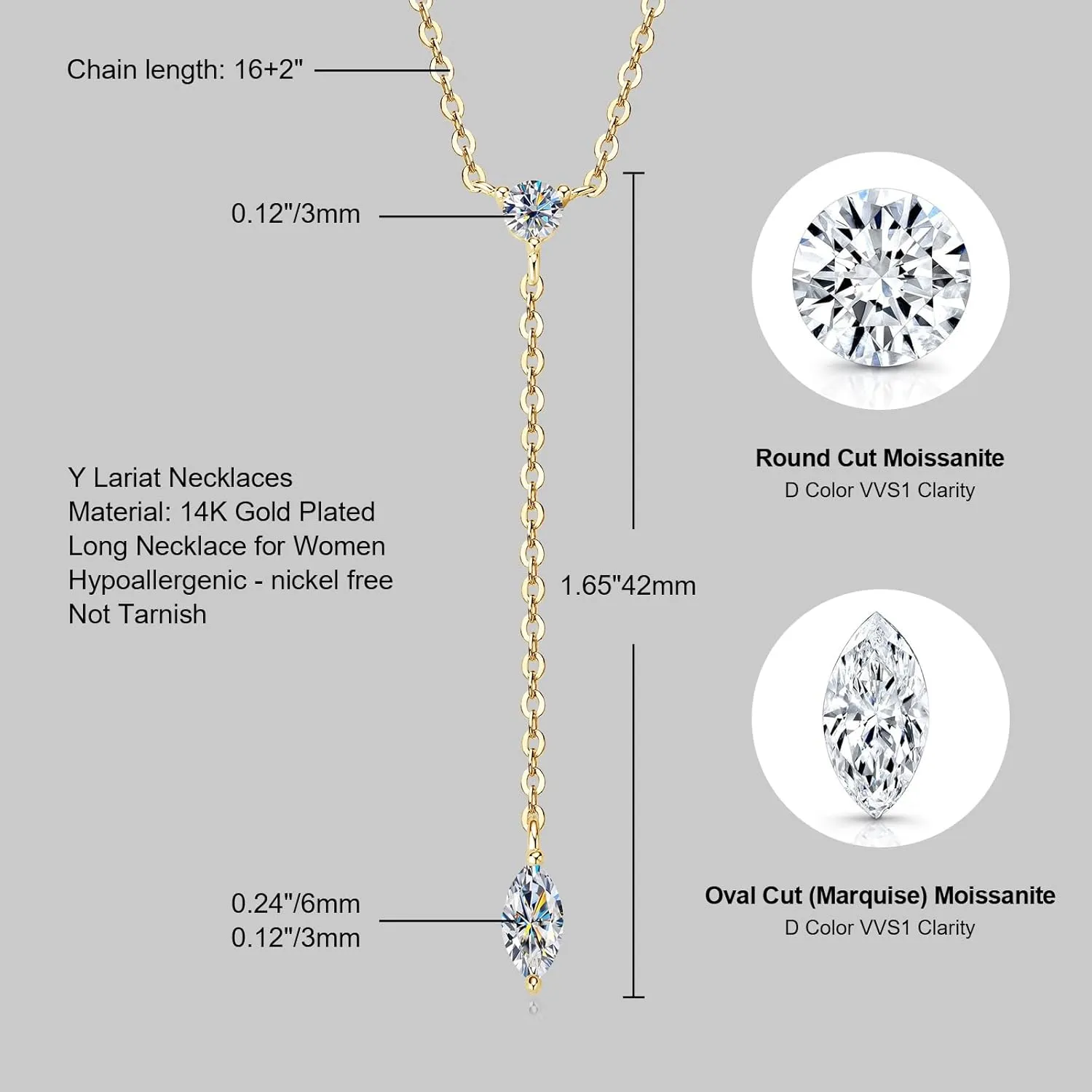 Lariat 14K White/Yellow Gold Plated Moissanite Necklace for Women, Dainty Long Necklace 925 Sterling Silver Chain Y-Shaped Pendant Drop Necklaces Trendy D Color Jewelry for Wife Mom Her
