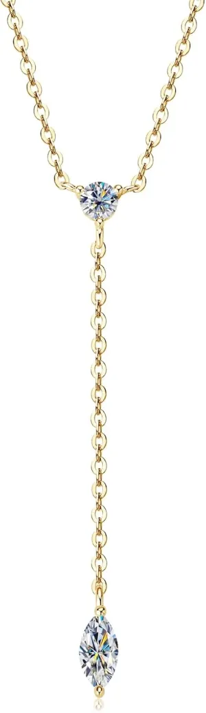 Lariat 14K White/Yellow Gold Plated Moissanite Necklace for Women, Dainty Long Necklace 925 Sterling Silver Chain Y-Shaped Pendant Drop Necklaces Trendy D Color Jewelry for Wife Mom Her