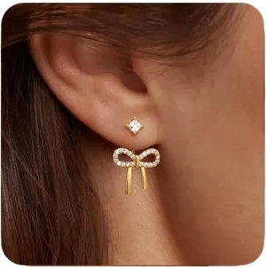 Lcbulu 14K Gold Plated Pearl Hoop Earrings for Women - Trendy Huggie Hoops with Bow Dangle & Cubic Zirconia | Hypoallergenic Flat Back Studs Jewelry Gifts