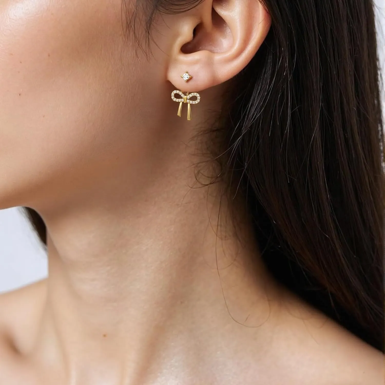 Lcbulu 14K Gold Plated Pearl Hoop Earrings for Women - Trendy Huggie Hoops with Bow Dangle & Cubic Zirconia | Hypoallergenic Flat Back Studs Jewelry Gifts