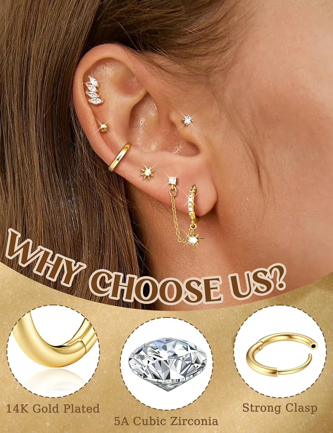 LOLIAS Gold Hoop Stud Earring Stacks for Women - 14K Gold Plated Chain Cartilage Earrings Cute Hypoallergenic Silver Huggie Earrings Sets for Multiple Piercing Jewelry Lightweight 8Pairs