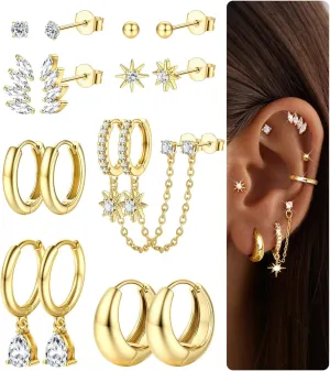LOLIAS Gold Hoop Stud Earring Stacks for Women - 14K Gold Plated Chain Cartilage Earrings Cute Hypoallergenic Silver Huggie Earrings Sets for Multiple Piercing Jewelry Lightweight 8Pairs