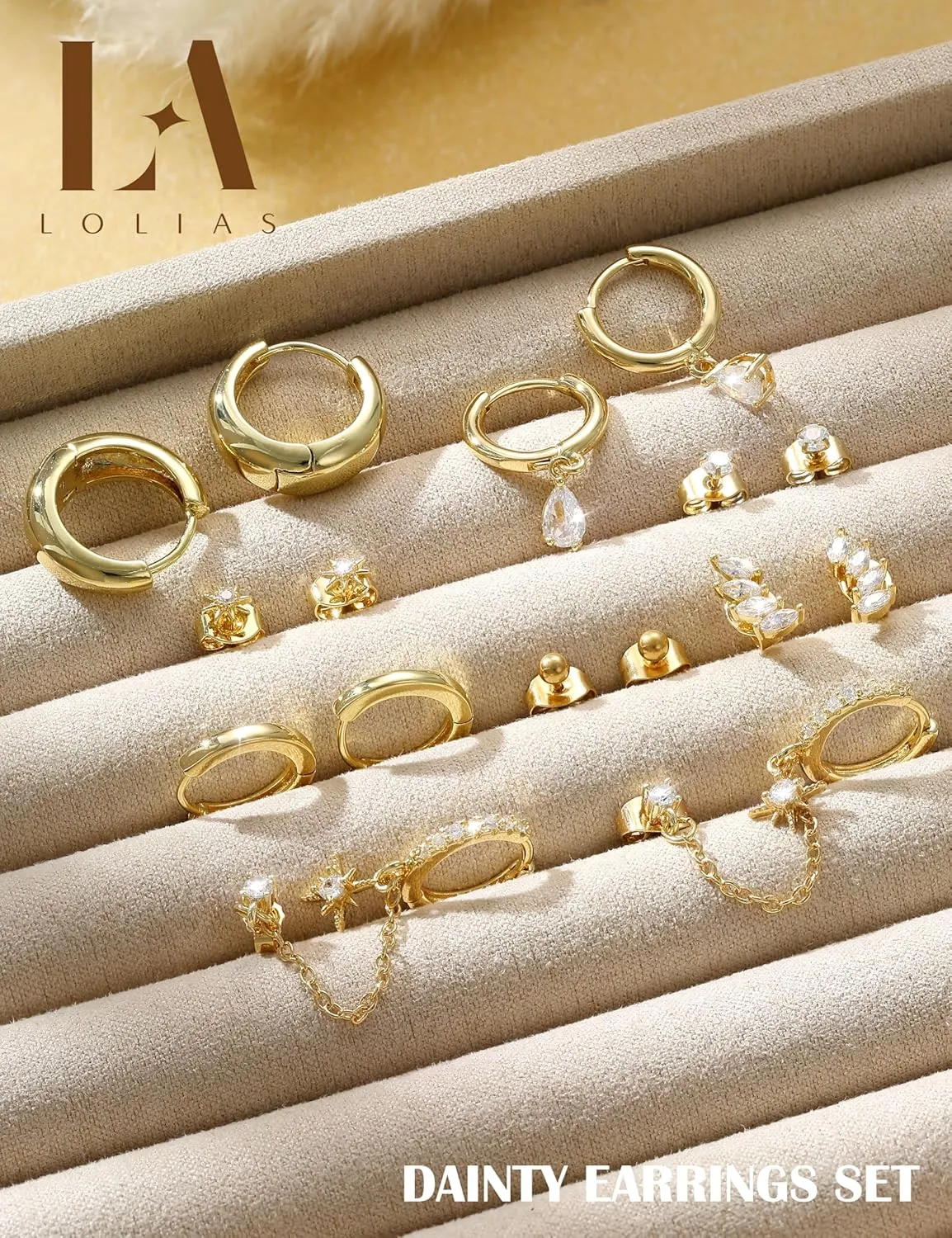LOLIAS Gold Hoop Stud Earring Stacks for Women - 14K Gold Plated Chain Cartilage Earrings Cute Hypoallergenic Silver Huggie Earrings Sets for Multiple Piercing Jewelry Lightweight 8Pairs