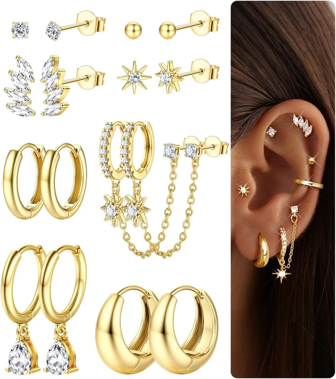 LOLIAS Gold Hoop Stud Earring Stacks for Women - 14K Gold Plated Chain Cartilage Earrings Cute Hypoallergenic Silver Huggie Earrings Sets for Multiple Piercing Jewelry Lightweight 8Pairs