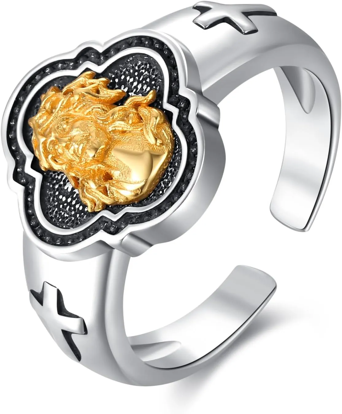 lotus & leaf Jesus Rings Sterling Silver Christian Religious Jewelry Jesus Cross Ring Gift for Men Women