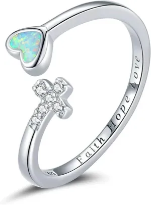 Love Cross Opal Heart Faith Hope Love Open Adjustable Finger Rings for Women 925 Sterling Silver Simple Jewelry