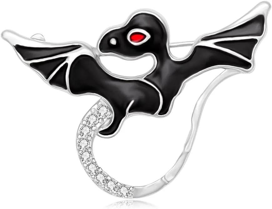 Lovely Cute Black Cartoon Pterosaur Dinosaur with a Silver Crystal Tail Brooch Pin