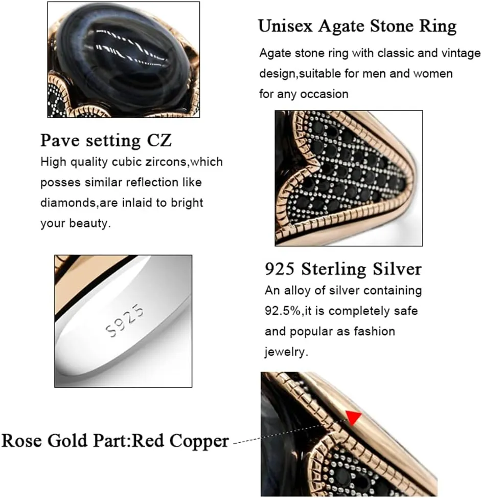 LovePlus S925 Sterling Silver Agate Ring for Men Natural Onyx Stone Ring Cool Turkish Style Handmade Luxury Jewelry