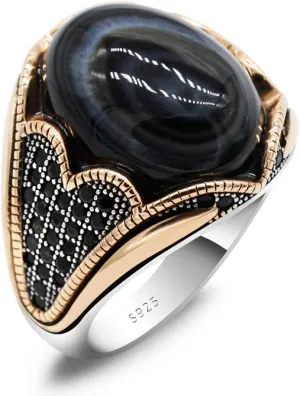 LovePlus S925 Sterling Silver Agate Ring for Men Natural Onyx Stone Ring Cool Turkish Style Handmade Luxury Jewelry
