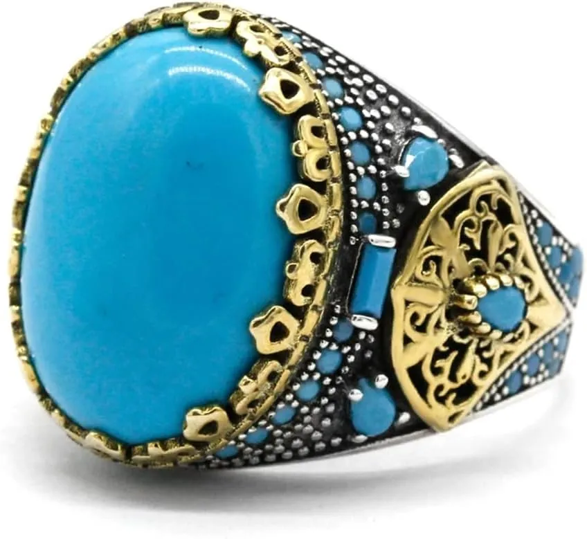 LovePlus Vintage Men's Turquoise Ring -925 Sterling Silver Vintage Turquoise Wedding Jewelry Ring - Turkiye Style
