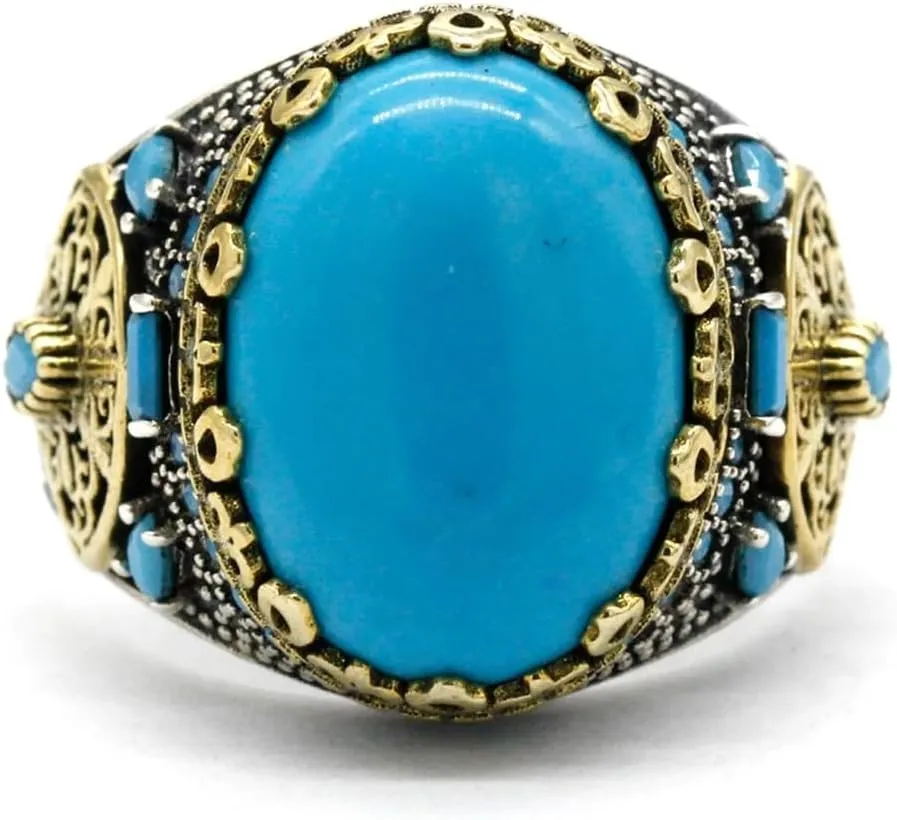LovePlus Vintage Men's Turquoise Ring -925 Sterling Silver Vintage Turquoise Wedding Jewelry Ring - Turkiye Style