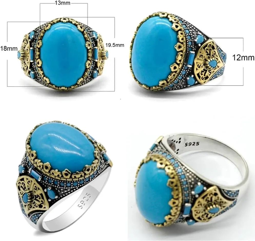 LovePlus Vintage Men's Turquoise Ring -925 Sterling Silver Vintage Turquoise Wedding Jewelry Ring - Turkiye Style