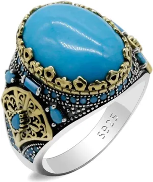 LovePlus Vintage Men's Turquoise Ring -925 Sterling Silver Vintage Turquoise Wedding Jewelry Ring - Turkiye Style