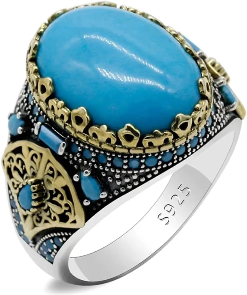 LovePlus Vintage Men's Turquoise Ring -925 Sterling Silver Vintage Turquoise Wedding Jewelry Ring - Turkiye Style