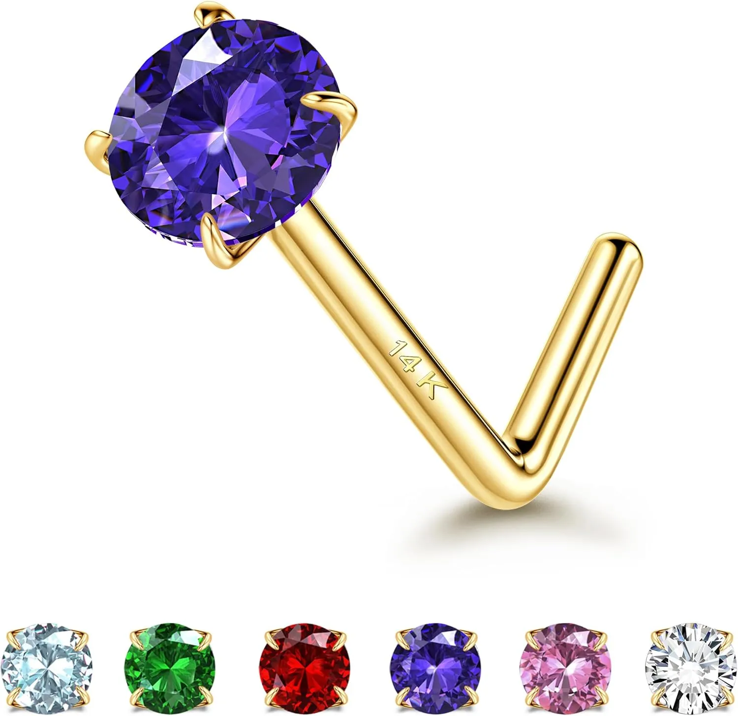 LOYALLOOK 14K Real Gold Nose Rings Studs 20G 18G Gold L-Shape Nose Rings Round CZ Simulated Diamond Nose Stud Hypoallergenic Nose Piercing for Women, 3MM Purple