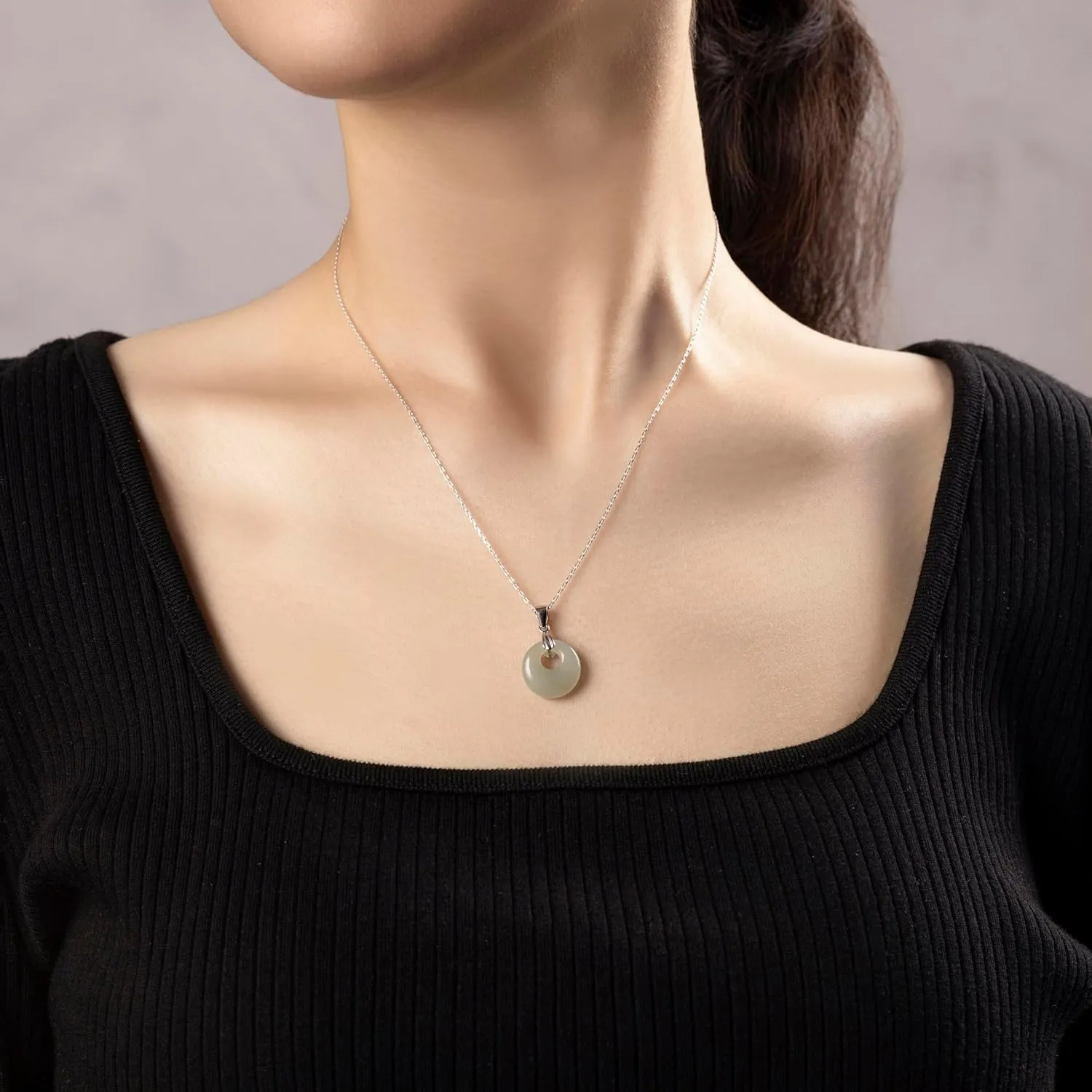 Lucky Green Jade Pendants Silver Necklace Jewelry for Women Handmade Genuine Hetian Jade 925 Sterling Silver Simple Classic Style Bring Good Fortune Great Gift for Her